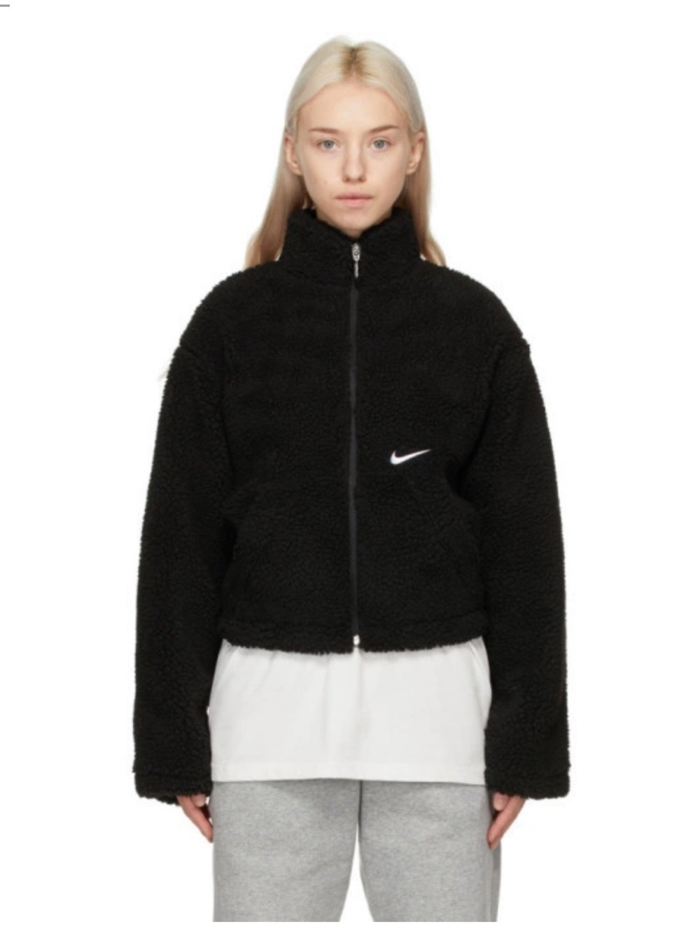 Nike Black Sherpa Zip-Up Jacket with White Swoosh